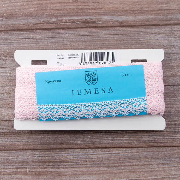 Мерсеризованное хлопковое кружево, 25 мм, цвет светло-розовый. Арт 3207/06                 