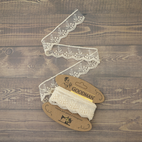 Кружево-вышивка на тюле, 32 мм, цвет бежевый, 100% полиэстер, 3,5 м. Арт T-30115.371