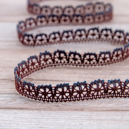Мерсеризованное хлопковое кружево, 15 мм, цвет коричневый с джинсово-синим. Арт 3247/R3                 