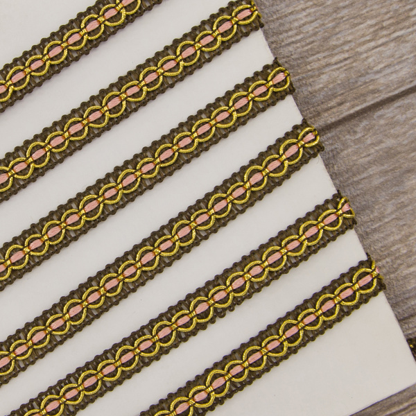 Тесьма PEGA декоративная, розово-коричневая с золотистым люрексом, 8 мм. Арт 844181309DA702          