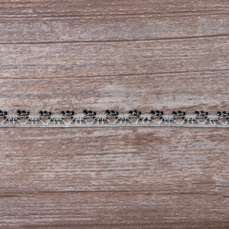 Мерсеризованное хлопковое кружево, 10 мм, цвет серебристый с черным. Арт 3480/G2                 