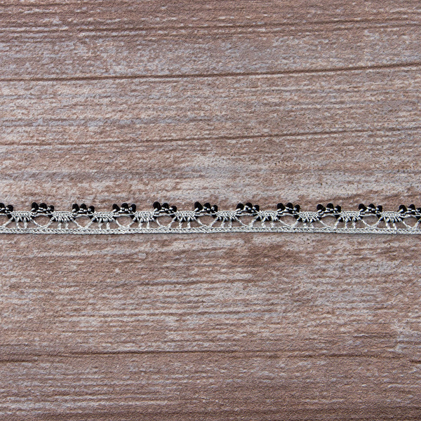 Мерсеризованное хлопковое кружево, 10 мм, цвет серебристый с черным. Арт 3480/G2                 