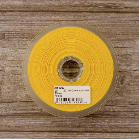 Косая бейка атласная 20 мм, 25 м, цвет 32, желтый. Арт 6260-20мм-32            