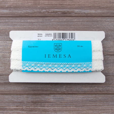 Мерсеризованное хлопковое кружево, 20 мм, цвет белый. Арт 2019/01