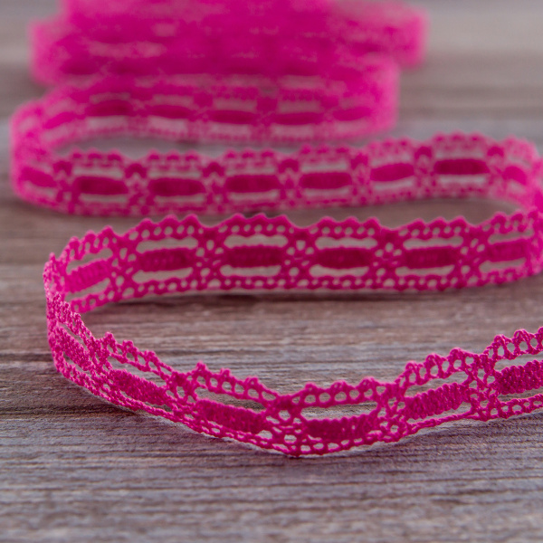 Мерсеризованное хлопковое кружево, 15 мм, цвет ярко-розовый. Арт 1798/3L                 