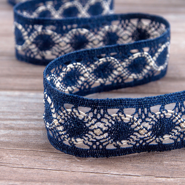 Мерсеризованное хлопковое кружево, 40 мм, цвет джинсовый синий с белым. Арт 2052/RH