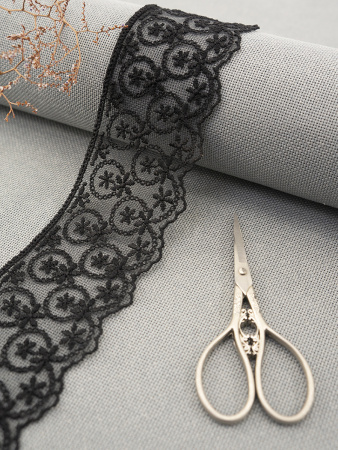 Кружево-вышивка на тюле, 63 мм, цвет черный, 100% полиэстер, 3,5 м. Арт T-1909.13