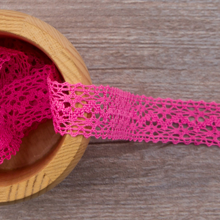 Мерсеризованное хлопковое кружево, 20 мм, цвет ярко-розовый. Арт 3037/3L                 