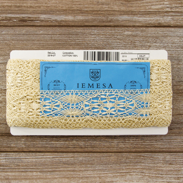 Мерсеризованное хлопковое кружево, 50 мм, цвет тёмно-бежевый. Арт 2218/2T