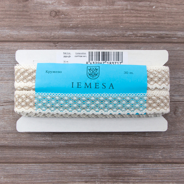 Мерсеризованное хлопковое кружево, 30 мм, цвет белый с бежевым. Арт 2021/Z1
