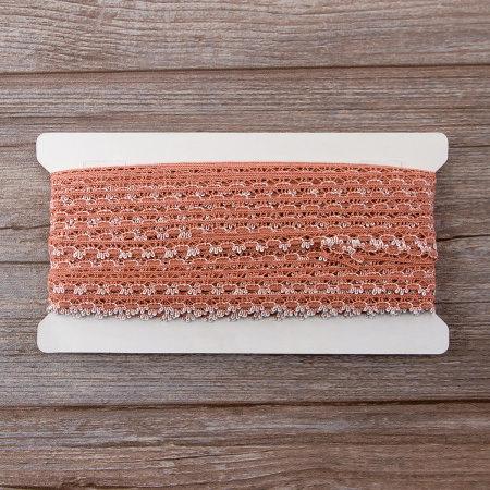 Мерсеризованное хлопковое кружево, 10 мм, цвет пыльно-розовый с белым. Арт 3480/H3                 