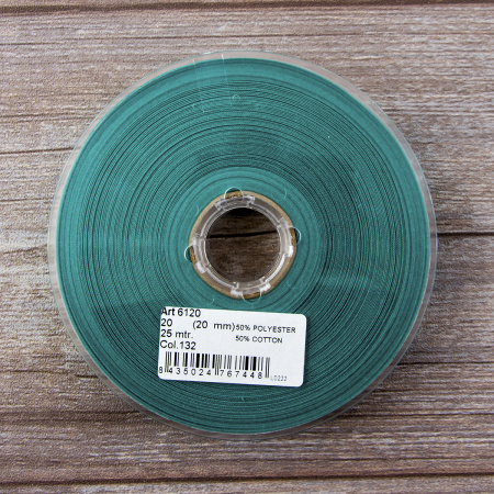Косая бейка хлопок/полиэстер 20 мм, 25 м, цвет 132, малахит. Арт 6120-20мм-132           