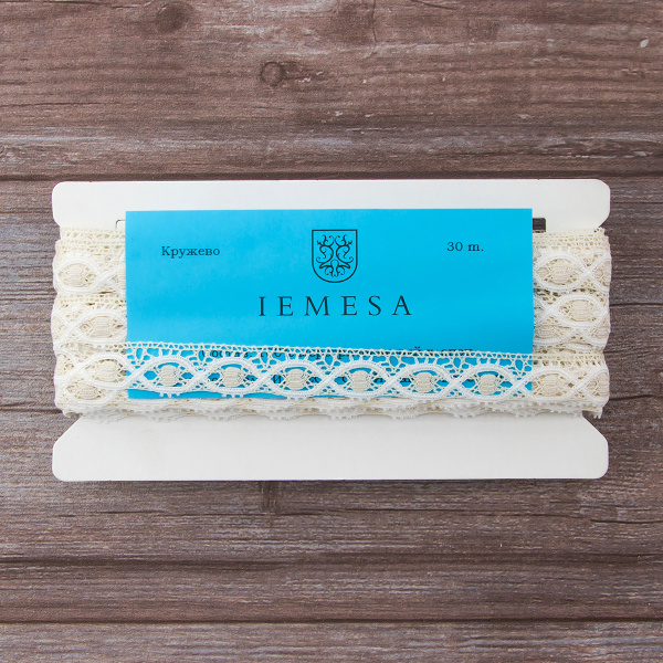 Мерсеризованное хлопковое кружево, 20 мм, цвет сливочный с белым. Арт 3489/30