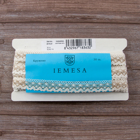 Мерсеризованное хлопковое кружево, 20 мм, цвет белый с бежевым. Арт 2019/Z1