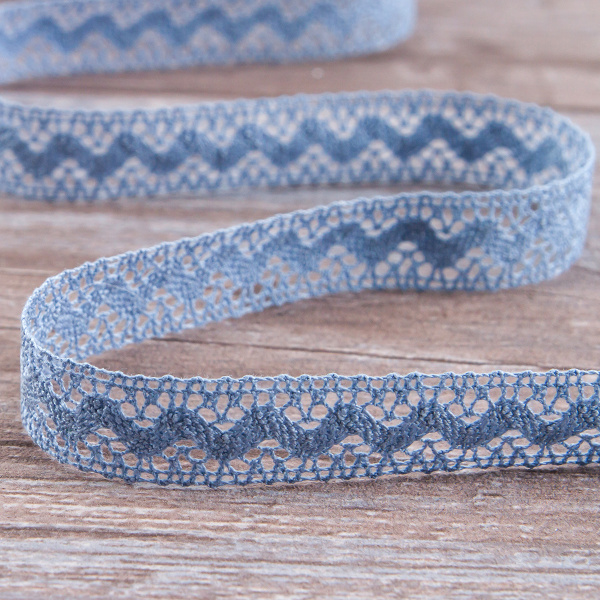 Мерсеризованное хлопковое кружево, 16 мм, цвет тёмно-голубой. Арт 2066/F4