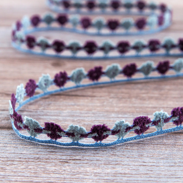 Мерсеризованное хлопковое кружево, 13 мм, цвет серый с фиолетовым. Арт 3615/CB