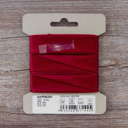 Косая бейка атласная  на блистере SAFISA, 20 мм, 2,5 м, цвет 30, бордо. Арт P06260-20мм-30          