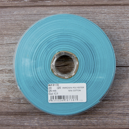 Косая бейка хлопок/полиэстер 20 мм, 25 м, цвет 131, светло-бирюзовый. Арт 6120-20мм-131           