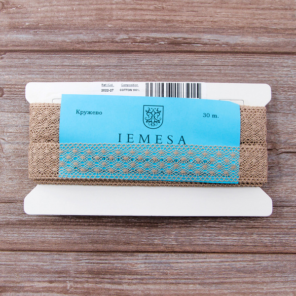 Мерсеризованное хлопковое кружево, 30 мм, цвет серо-бежевый. Арт 2022/27