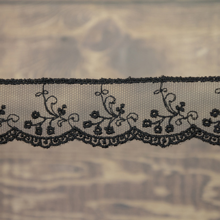 Кружево-вышивка на тюле, 32 мм, цвет черный, 100% полиэстер, 3,5 м. Арт T-30115.13