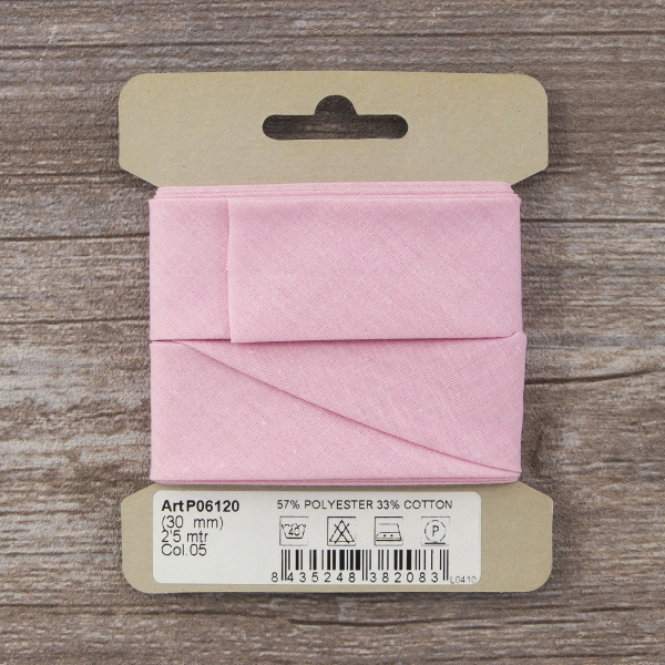 Косая бейка хлопок/полиэстер на блистере, 30 мм, 2,5 м, цвет 05, розовый. Арт P06120-30мм-05          