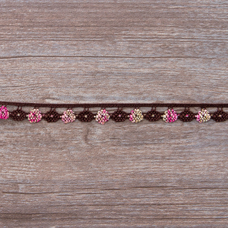 Мерсеризованное хлопковое кружево, 13 мм, цвет коричневый с розово-бежевым. Арт 3615/B5