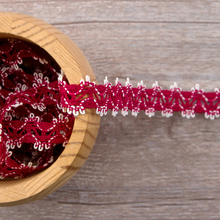 Мерсеризованное хлопковое кружево, 11 мм, цвет бордовый с белым. Арт 1084/G8