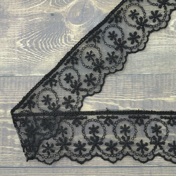 Кружево-вышивка на тюле, 45 мм, цвет черный, 100% полиэстер, 3,5 м. Арт T-1281.13