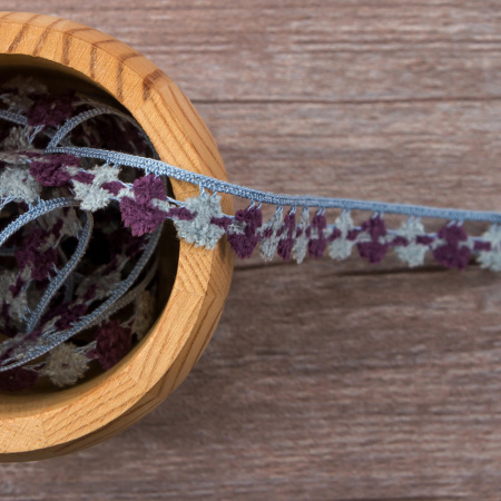 Мерсеризованное хлопковое кружево, 13 мм, цвет серый с фиолетовым. Арт 3615/CB