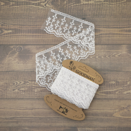 Кружево-вышивка на тюле, 70 мм, цвет белый, 100% полиэстер, 4,5 м. Арт T-3013.212