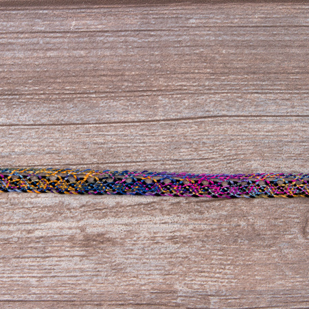 Мерсеризованное хлопковое кружево, 13 мм, цвет сиренево-серо-желто-розовый с черным. Арт 3155/A4