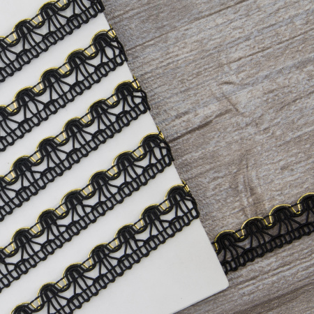 Тесьма PEGA тип отделочная, цвет черный с золотом, 15 мм. Арт 844153415DB004          