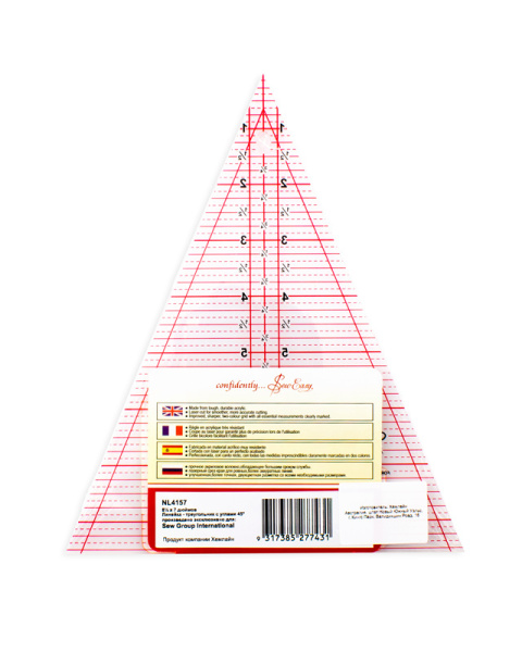 Линейка-треугольник с углом 45*, градация в дюймах, размер 8 1/2" x 7". Арт NL4157 