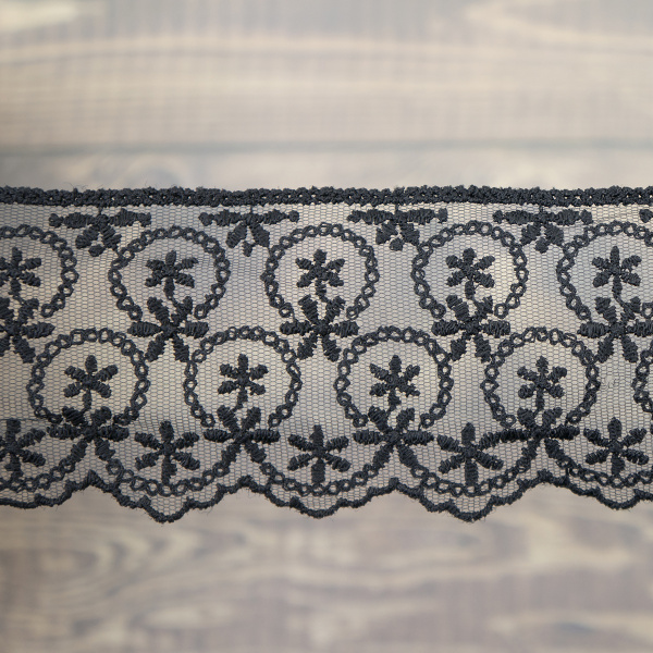 Кружево-вышивка на тюле, 63 мм, цвет черный, 100% полиэстер, 3,5 м. Арт T-1909.13
