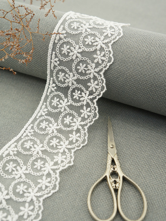 Кружево-вышивка на тюле, 63 мм, цвет белый, 100% полиэстер, 3,5 м. Арт T-1909.212