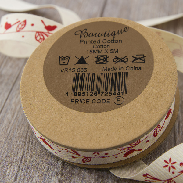 Лента хлопковая на картонной мини-катушке "Птички на ветке". Арт VR15.065