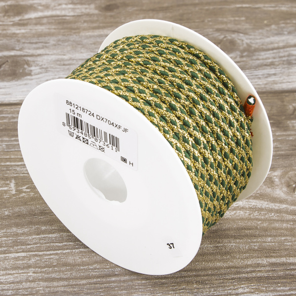 Шнур плетеный PEGA с люрексом, золото с зеленым, 7 мм, 15 м. Арт 881218724DX704