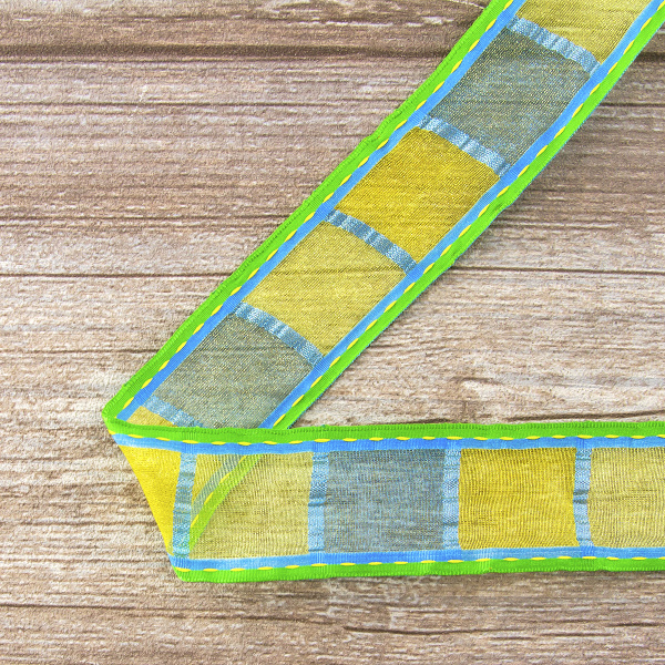 Лента органза с рисунком SAFISA, 38 мм, цвет зеленый/желтый. Арт 25238-38-03