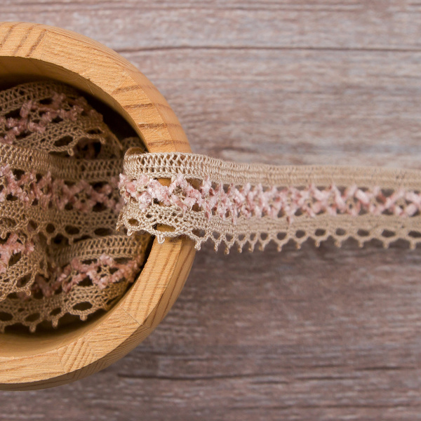 Мерсеризованное хлопковое кружево, 20 мм, цвет бежево-серый/розовый. Арт 1889/X5
