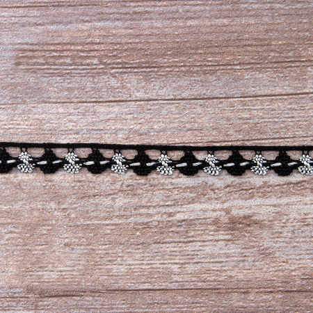 Мерсеризованное хлопковое кружево, 13 мм, цвет черный с серебристым. Арт 3615/J0                 