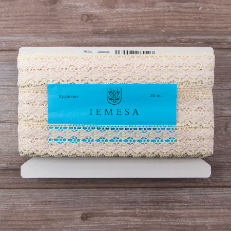 Мерсеризованное хлопковое кружево, 40 мм, цвет экрю с розовым. Арт 3680/95