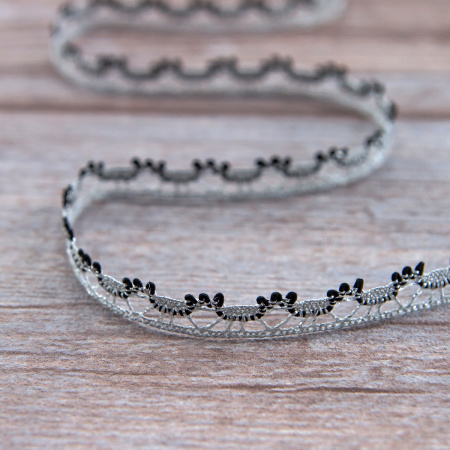 Мерсеризованное хлопковое кружево, 10 мм, цвет серебристый с черным. Арт 3480/G2                 