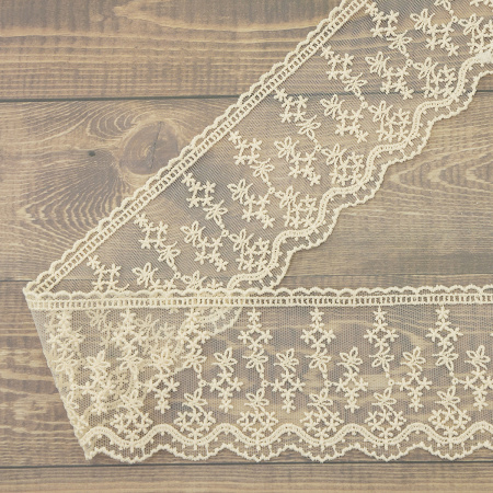 Кружево-вышивка на тюле, 70 мм, цвет бежевый, 100% полиэстер, 4,5 м. Арт T-3013.371