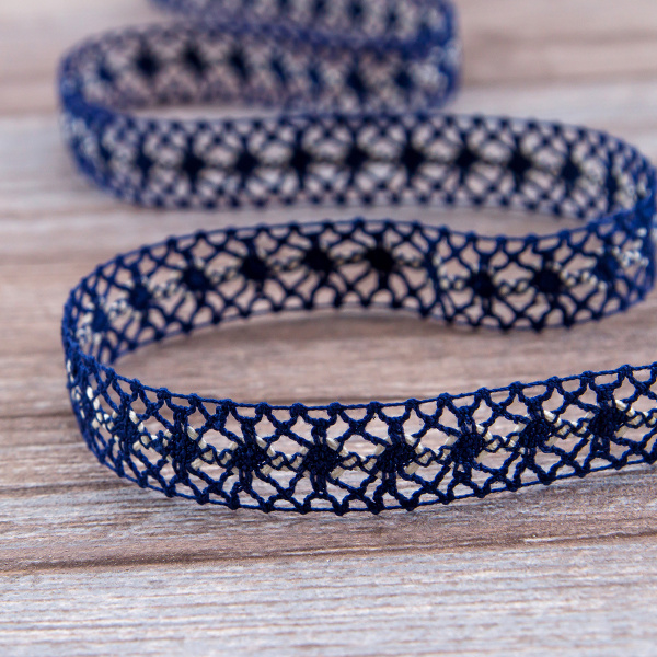 Мерсеризованное хлопковое кружево, 20 мм, цвет синий с молочно-белым. Арт 1825/J6                 