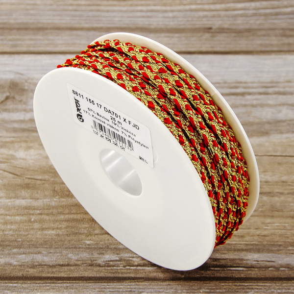 Тесьма PEGA тип декоративная люрексная, цвет красный с золотом, 6,5 мм. Арт 881115517DA701          