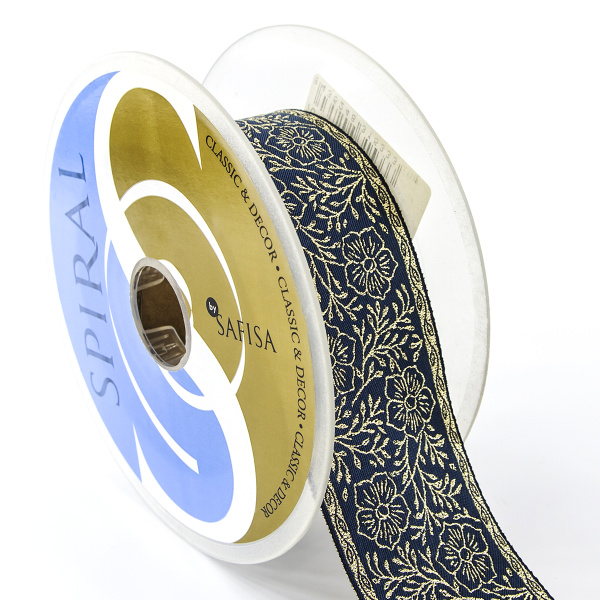 Лента жаккард с люрексом SAFISA, 50 мм, 15 м, цвет 70, джинс. Арт 9213-50мм-70