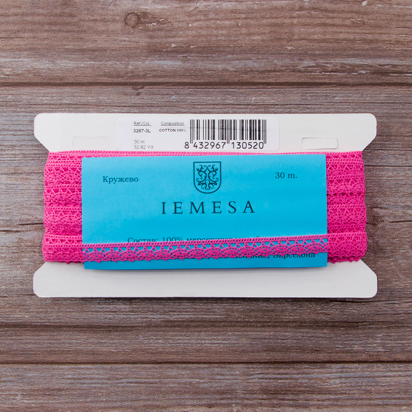 Мерсеризованное хлопковое кружево, 12 мм, цвет ярко-розовый. Арт 3267/3L                 