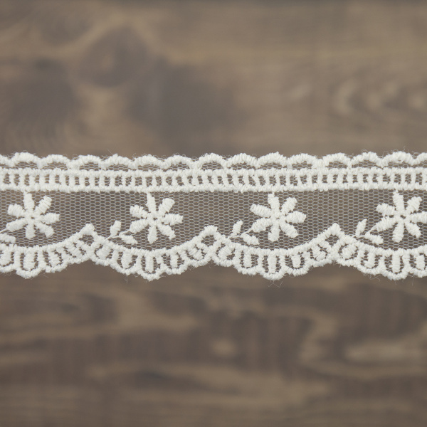 Кружево-вышивка на тюле, 30 мм, цвет молочный, 100% полиэстер, 4,5 м. Арт T-3003.112