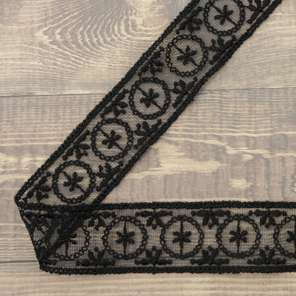 Кружево-вышивка на тюле, 33 мм, цвет черный, 100% полиэстер, 3,5 м. Арт T-2005.13