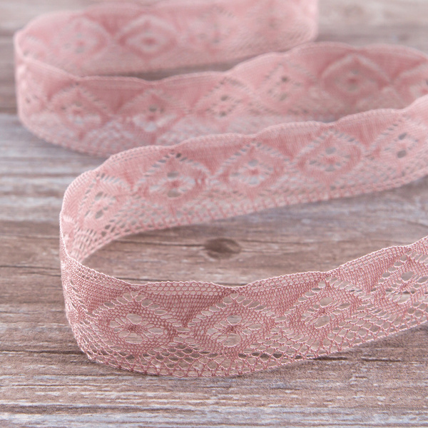 Мерсеризованное хлопковое кружево, 25 мм, цвет пыльно-розовый. Арт 2023/W4